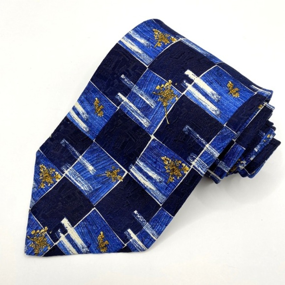 Ermenegildo Zegna Mens Silk Tie Necktie Navy Check Boho Gold Floral Branch Italy